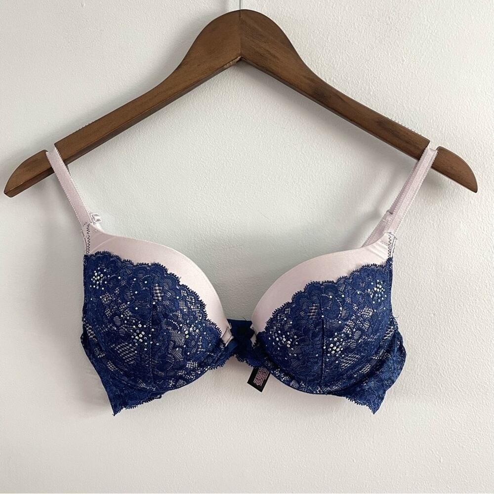 Victoria’s Secret | Women’s Dream Angels Push-up Bra Navy Blue Lace Rhinestones